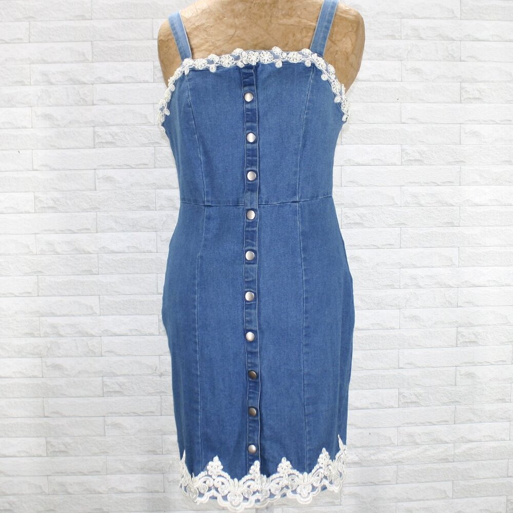 HAND CRAFTED Dress Denim Upcycled Lace Bridal Bodycon Blue Jean Stretch Small